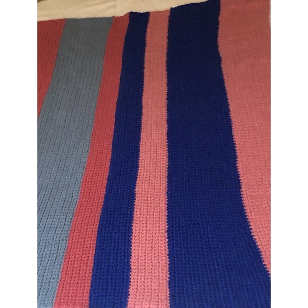 Four toned Stripes Pretty Pink Blue Vintage Afghan Cozy Couch‎ Throw Blanket